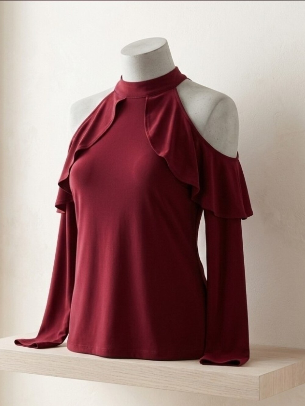 Venus Women's Ruffle Cold-Shoulder Top - Red/Burgundy Size Medium